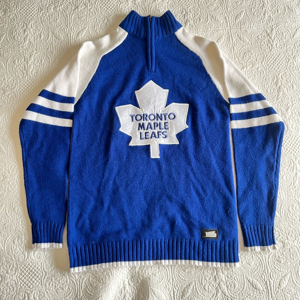 Vintage NHL Toronto Maple Leafs Knit Quarter Zip Blue and White Sweater Size S